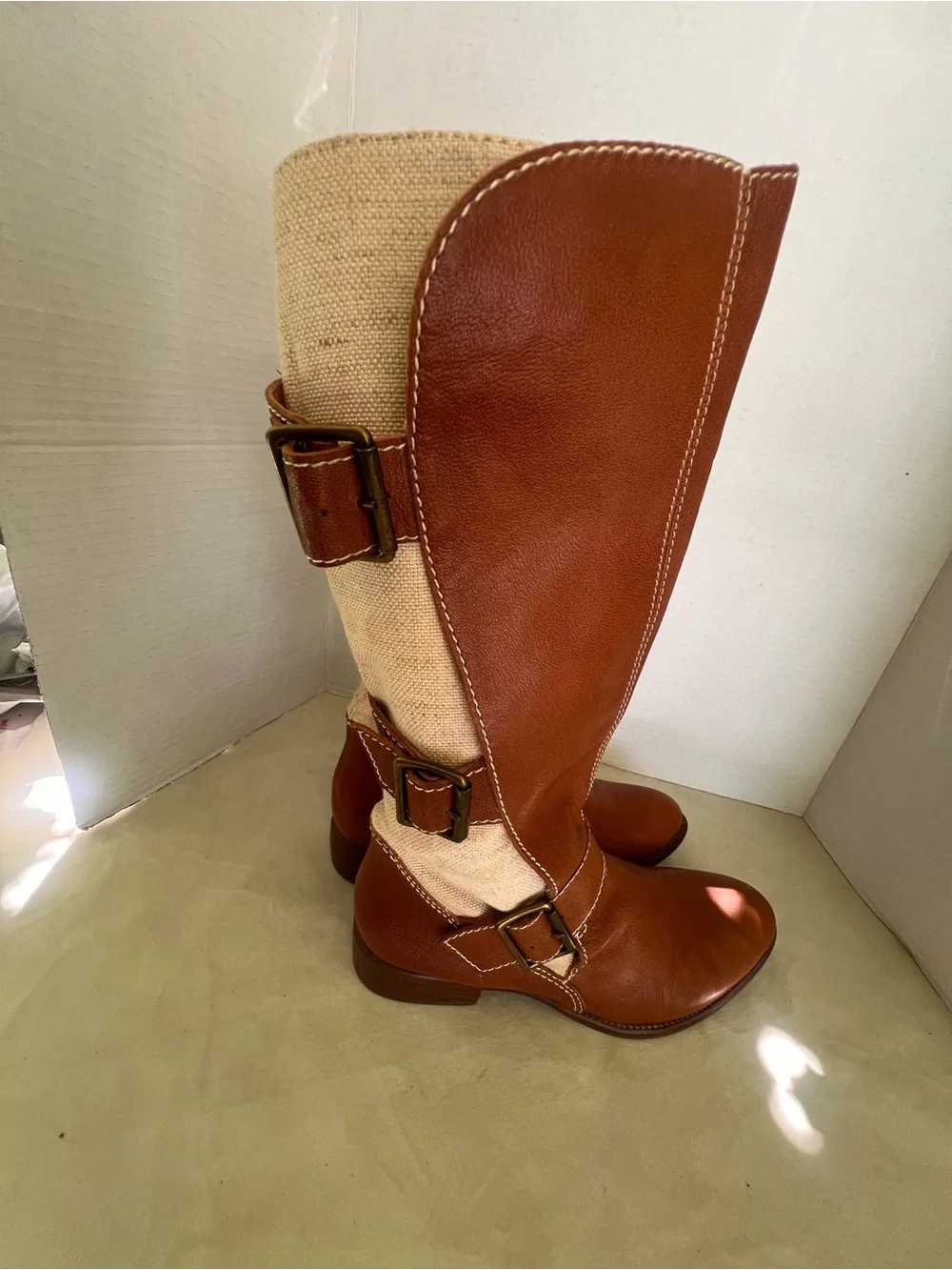 Women’s Corso Como  Tall Brown and Cream  canvas Buckle Riding Boots